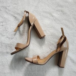 Patent Ankle-Strap Block Heels in Nude